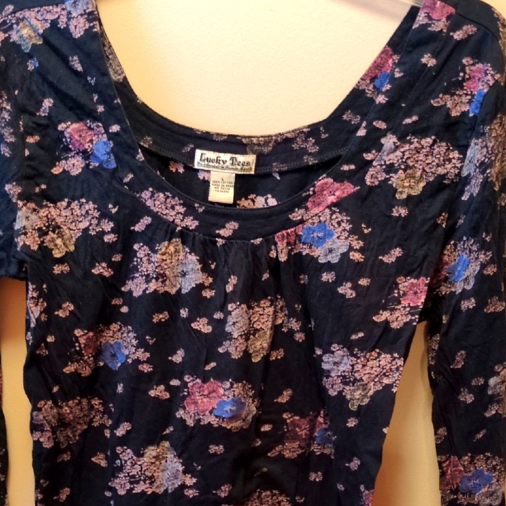 Lucky Brand Floral Women's long sleeved Top - Black with blue &  pink accent